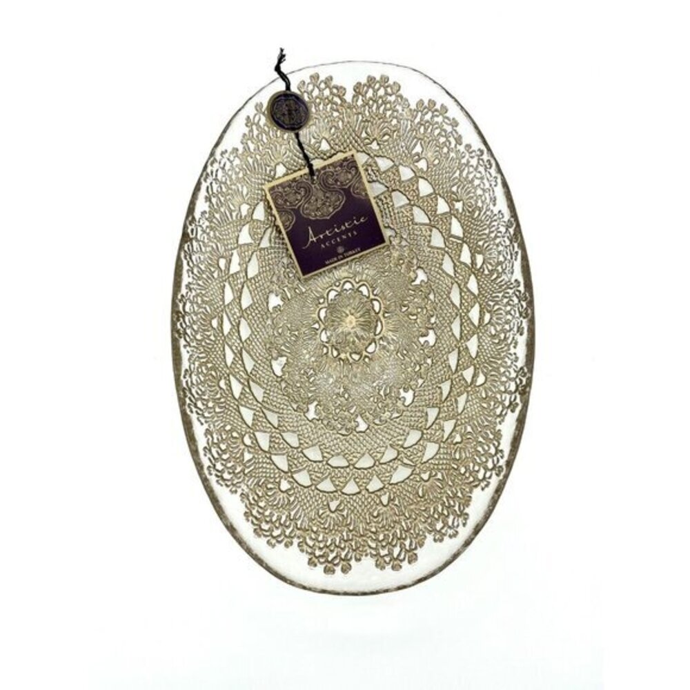 Artistic Accents Clear Glass Oval Bowl Serving Salad Dinner Gold Handmade NWT